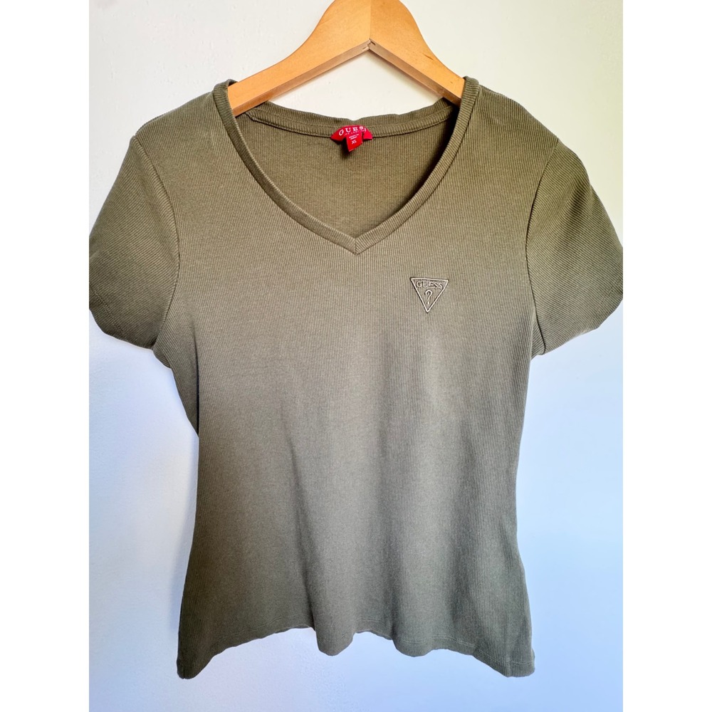 GUESS Los Angeles Women XL Olive Green Ribbed V Neck Embroidered Logo T Shirt